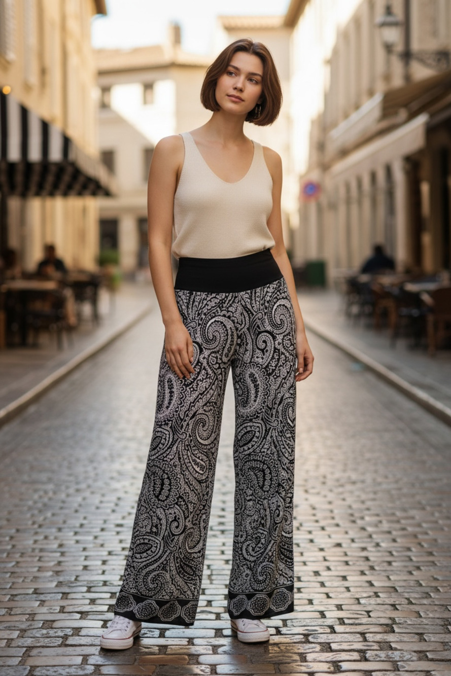 ALYX Women's Black and White Paisley Print Wide Leg Palazzo Trousers, Size S
